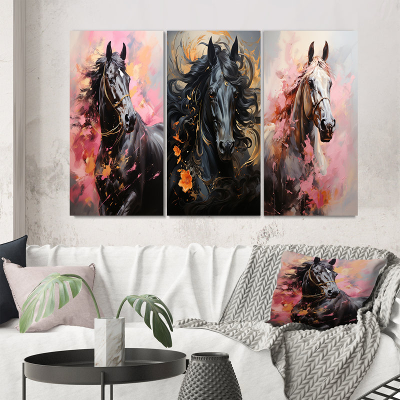 «Pink Black Horse Vibrant Pink Equine», 3 pièces sur toile, Toile tendue, H 40 po x l 60 po