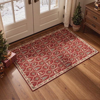 Tapis de salon lavable à poils ras, motif animaux de Noël, cerfs et sapins, rouge et vert