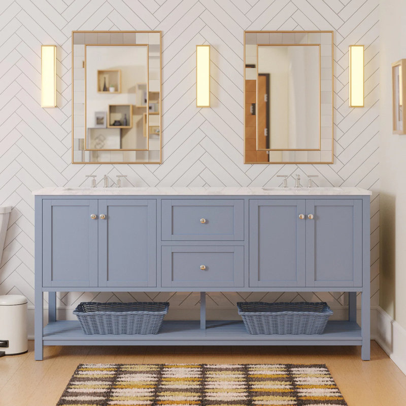 Binne 72'' Double Bathroom Vanity with Top, Powder Blue, Engineered Carrara