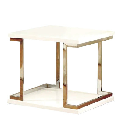 Contemporary White End Table With Open Shelf And Frame Base Accents High Gloss Lacquer Coating For Living Room