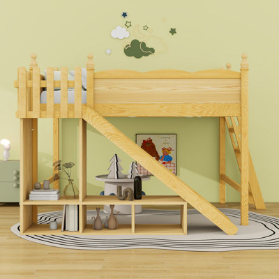 Wood Loft Bed With Storage Shelves And Slide