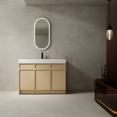 Meuble-lavabo de 48 po avec résine et charnière. Design moderne. Contreplaqué. Capacité de rangement généreuse. Tablette intérieure réglable autoportante pour la salle de bain. 3 portes d'armoire blanches. Fabrication.