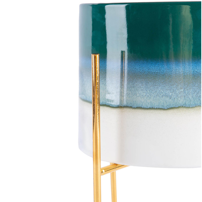 Nicola Spring - Reactive Glaze Plant Pots on Stands - 19cm, Green/Gold