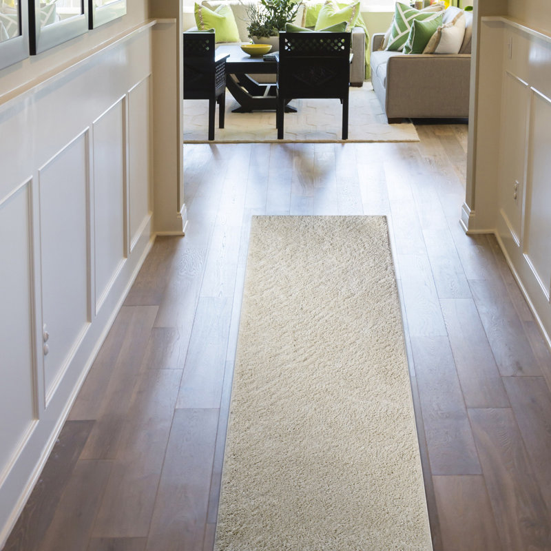 Ivory Plush Shag Indoor Runner Rug with Cotton Backing