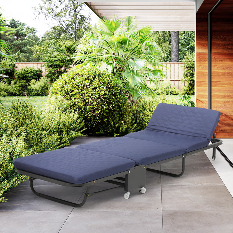 Rolling Folding Bed with Wheels, Foldable Rollaway Bed with Foam Mattress, Camping Cot Sleeping Bed, Navy Blue