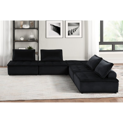 120" Black Velvet 5 Pc Sectional Sofa Ottoman