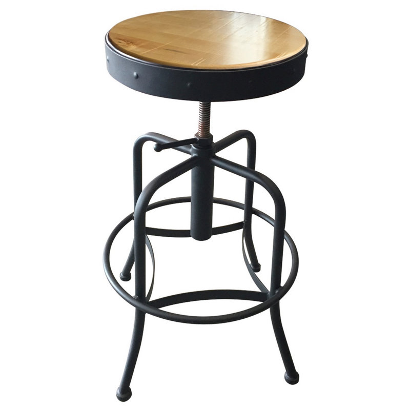 Industrial Adjustable Stool, Wood- Natural, Black Wrinkle