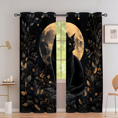2PCS Grommet Top Blackout Window Curtains, Moonlit Floral Black Cat Printed Polyester Drapes, Thermal Insulated, Noise Reducing, Privacy Protection, Room Darkening Window Treatments for Bedroom Living Indoor Home Decor