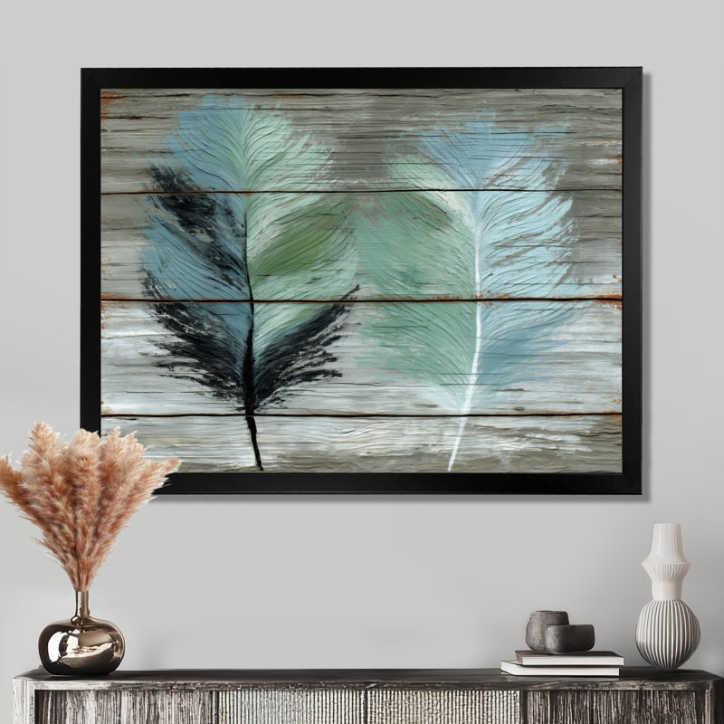 «Boho Wood Texture Feather», reproduction d'art sur toile encadrée, art mural Boho vert, Cadre photo unique, Noir