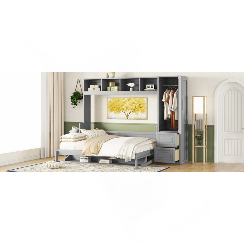 Grand lit escamotable mural avec placard et tiroirs, gris