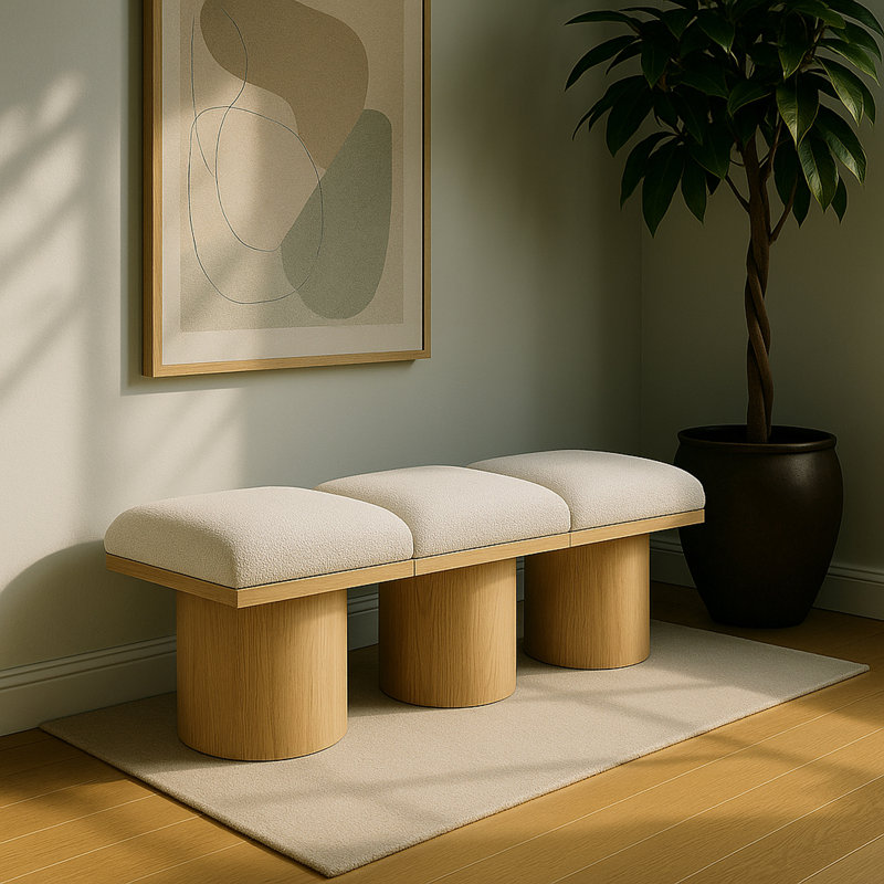 Banc rembourré Husnan, H 17,5 po x l 54 po x P 15,5 po, Naturel, Tissu crème bouclé