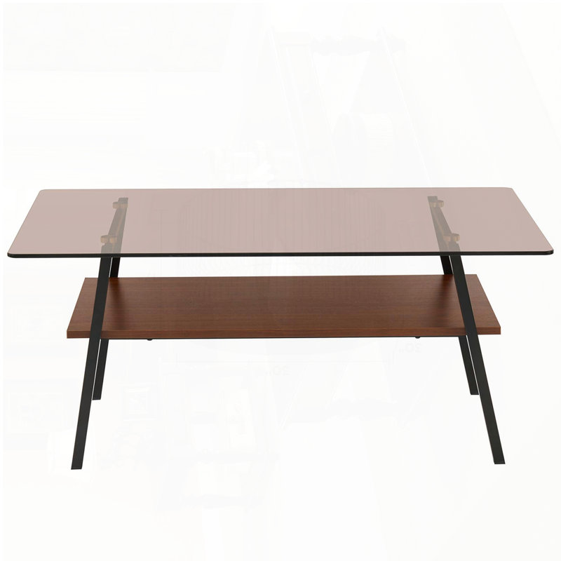 Rectangle Coffee Table with Brown Tempered Glass Top and Metal Legs – 38.58", Brown, Black