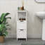 Armoires | Rangement de salle de bain autoportant, blanc, 2 tiroirs, 1 tablette de rangement ouverte | Panneau de fibres à densité moyenne | Moderne