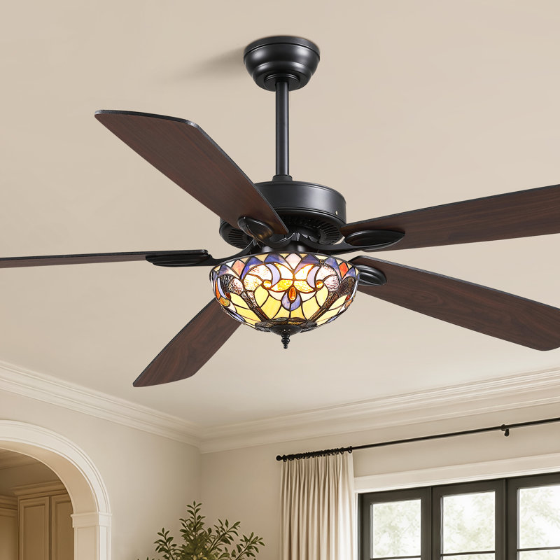 Lustre 65 pouces de style ventilateur Tiffany avec télécommande 6 vitesses réversible 5 pales double brun noir rétro