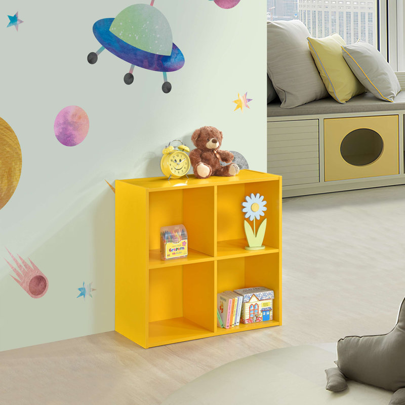 Bibliothèque verticale moderne pour le rangement avec quatre casiers et tablettes ouvertes - tablette d'exposition compacte pour le bureau personnel, la chambre à coucher des enfants ou le salon