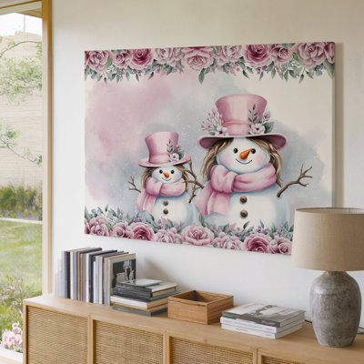Toile, Une scène hivernale fantaisiste mettant en vedette deux joyeux bonhommes de neige, un art mural plus grand et un plus petit orné de chapeaux roses pastel