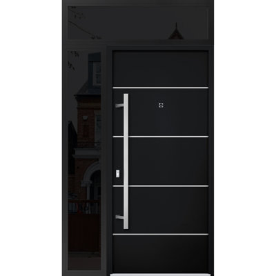 Front Exterior Prehung Steel Door / Deux 6083 Black Enamel / Side And Top Exterior Window Sidelite / Stainless Inserts Entry Metal Modern Painted W36+