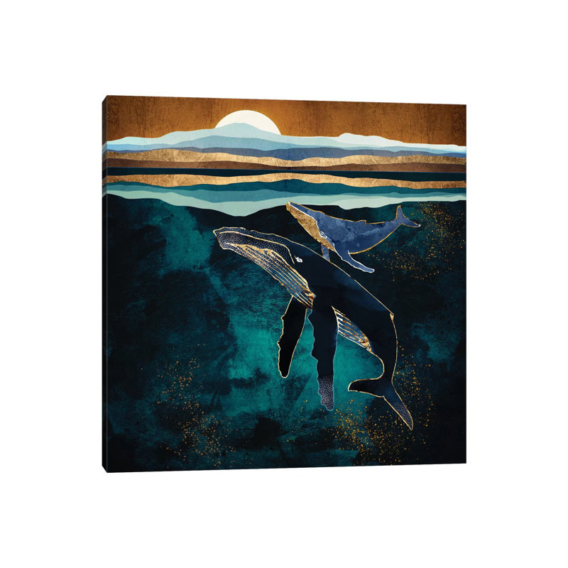 Moonlit Whales - impression d'art graphique, Aucun mat, Toile tendue, H 12 po x l 12 po x P 0,75 po