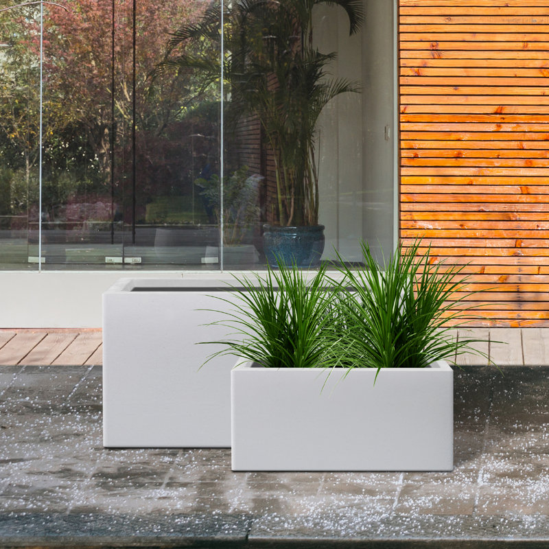 Tali 2 Piece Long Rectangular Lightweight Pure White Concrete Metal Indoor Outdoor Planter Pots, w/ Drainage Hole Set