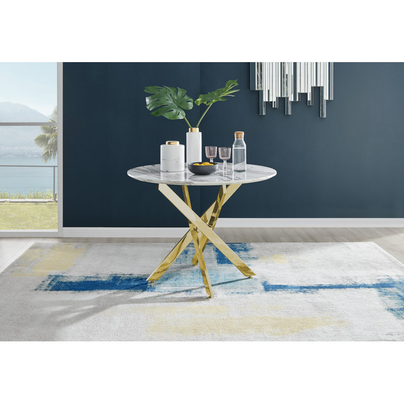 Tierra White Marble Effect Nest Legged Dining Table, 39.4" L x 39.4" W, Gold