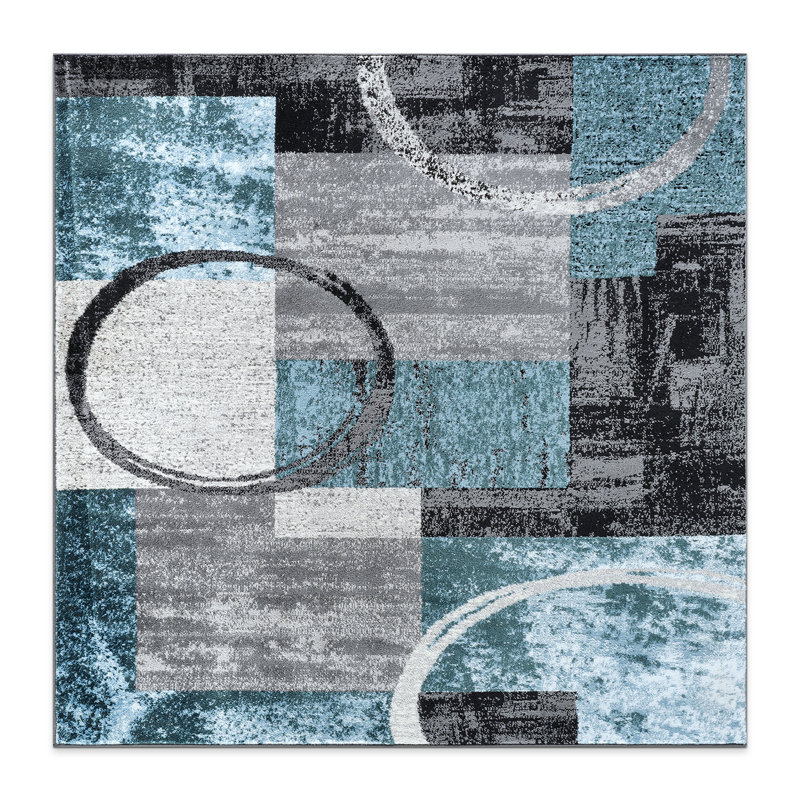 Fanton Modern Abstract Performance Gray/Ivory/Blue Area Rug, Square 6'6"
