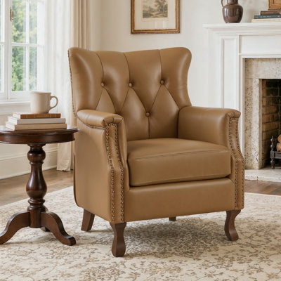 Redi 29.5"W Genuine Leather Wingback Accent Chair with Button-Tufted Design, For Living Room, Bedroom, Office