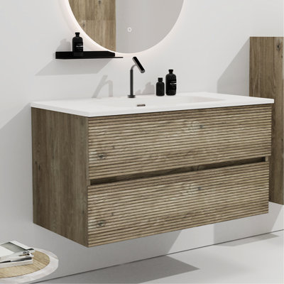 Meuble-lavabo moderne en chêne brut avec lavabo à débordement, surfaces de tiroir texturées préassemblées, patins silencieux, poignée flottante minimaliste en chêne de 36 po, lavabo en céramique, tiroirs à fermeture en douceur, minimaliste