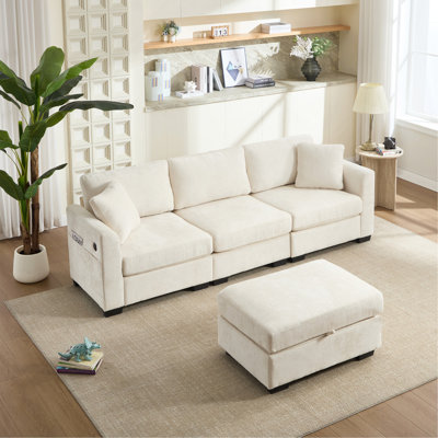 Canapé de rangement moderne avec double USB, 2 poches latérales, banc de rangement avec repose-pieds, canapé modulaire en chenille surdimensionné, 4 places, canapé en L, beige