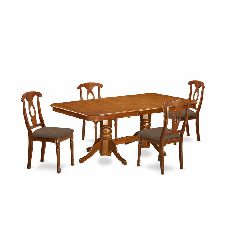 L'ensemble de mobilier de salle à manger 5 pièces comprend une table rectangulaire en bois avec rallonge papillon et 4 chaises de cuisine en tissu de lin, 40 x 78 pouces, brun selle