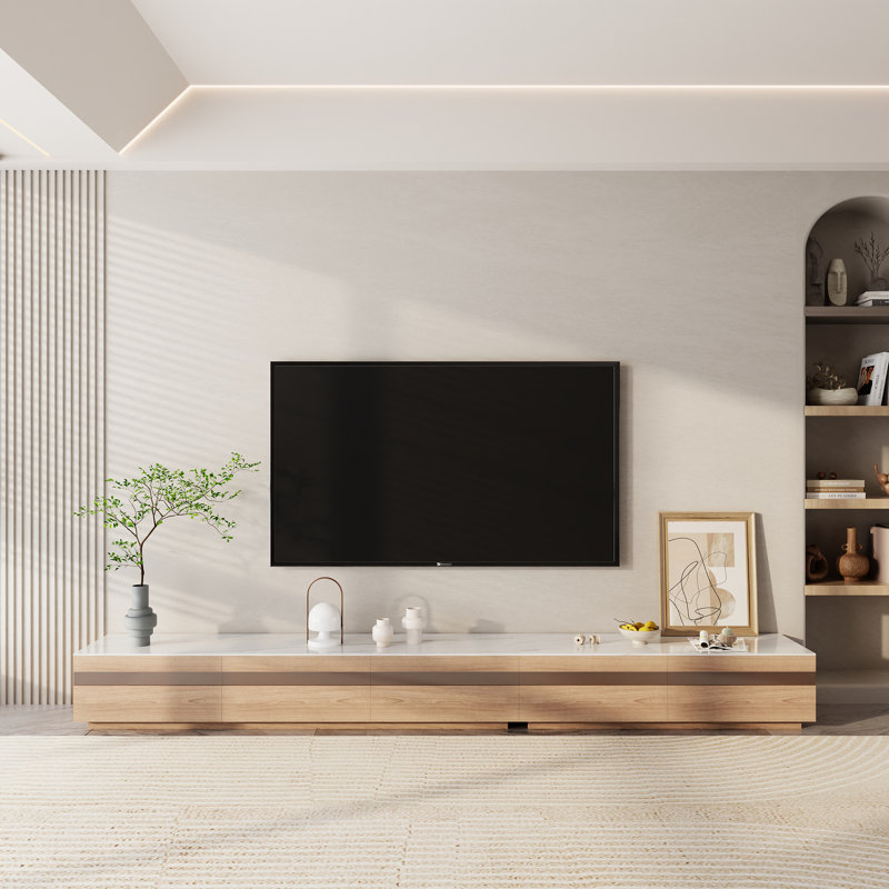 Meuble télé moderne en bois clair, plateau de table en pierre, 3 à 6 tiroirs, entièrement assemblé, 12" H x 118" W x 15.7" D