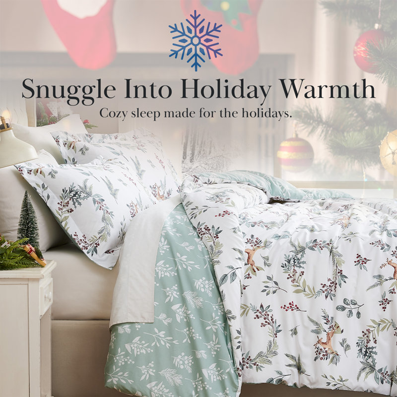 Happy Holidays Oversized Reversible Holiday Bedding Down Alternative Comforter Set with shams