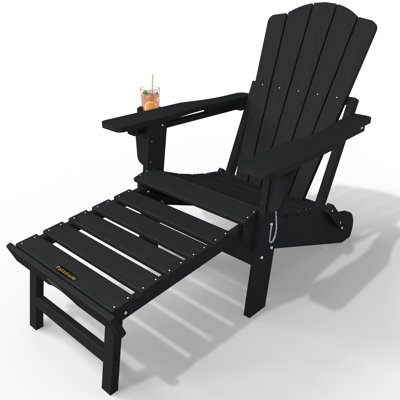 Pakkdiarie Folding Adirondack Chair with Retractable Ottoman, Outdoor HDPE Reclining Adirondack Chair with Cup Holder for Patios,Lawn,Backyard by Rosecliff Heights