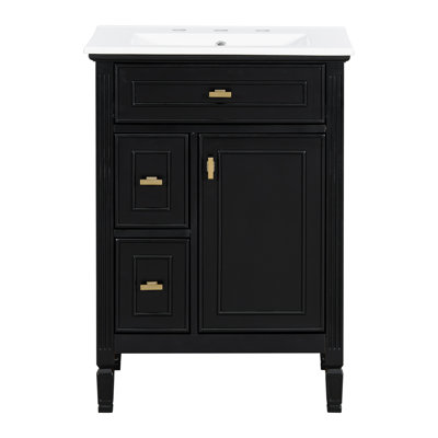Meuble-lavabo de 24 pouces avec lavabo, armoire en bois massif et panneau de fibres à densité moyenne avec un tiroir rabattable, deux tiroirs standard et une tablette réglable, meuble-lavabo autoportant pour le rangement de la salle de bain