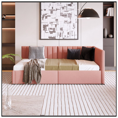 Lit de jour rembourré avec 2 tiroirs de rangement, structure de canapé-lit simple, aucun sommier nécessaire, tissu en lin