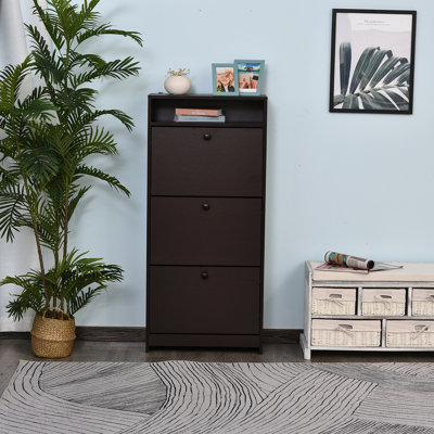Slim Shoe Cabinet, Trendy Shoe Storage Cabinet With 3 Large Fold-Out Drawers & A Spacious Top Surface For Small Items, Espresso