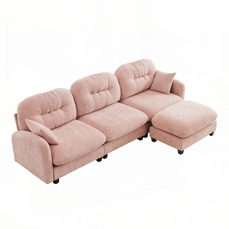 Canapé modulaire en chenille 3 places avec 2 coussins et repose-pieds, H 36,6 po x l 107 po x P 59,5 po, 3, Rose