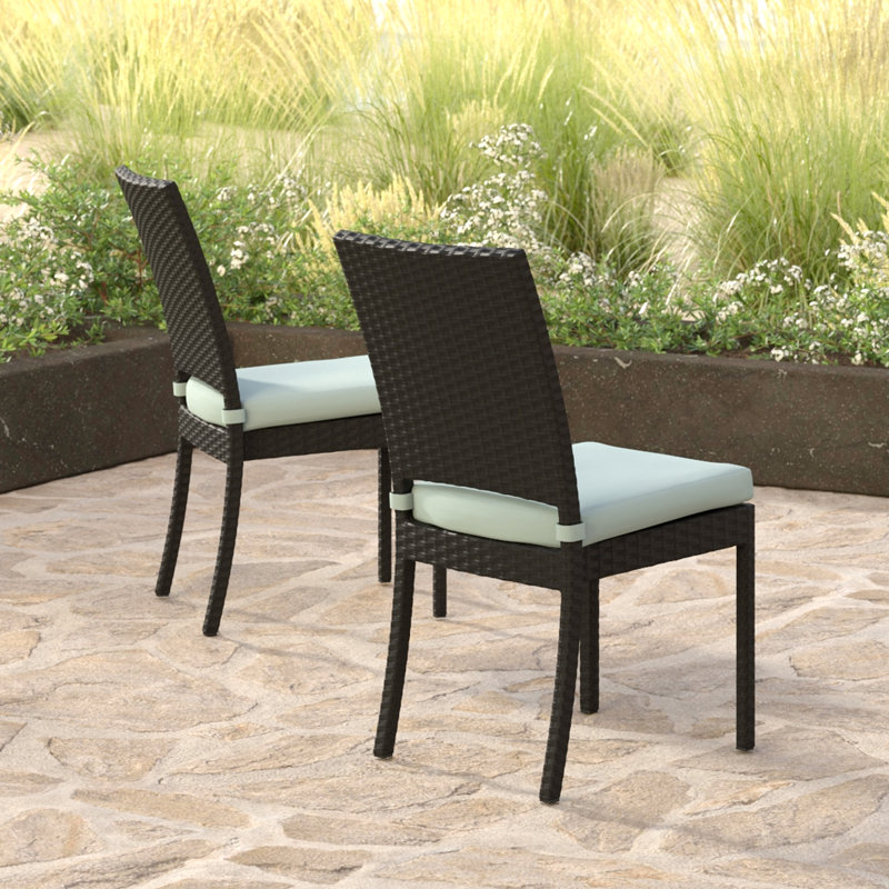 8 Piece Sunbrella Outdoor Patio Dining Chairs, Brown, Blue