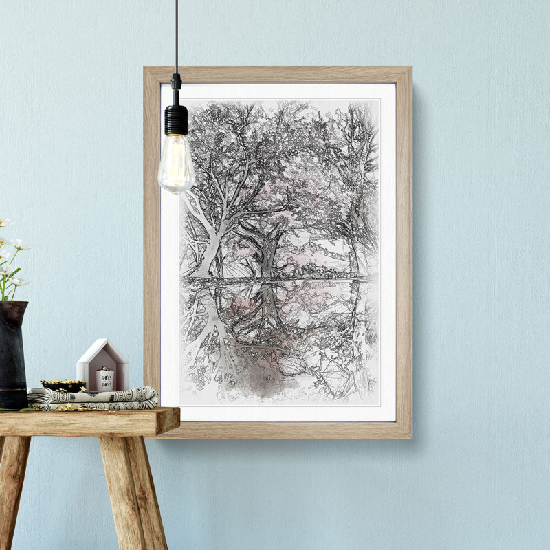 Reflection Of The Pink Blossom Trees Sketch - Single Picture Frame Print on MDF, 87cm H x 62cm W x 2cm D, Oak Framed