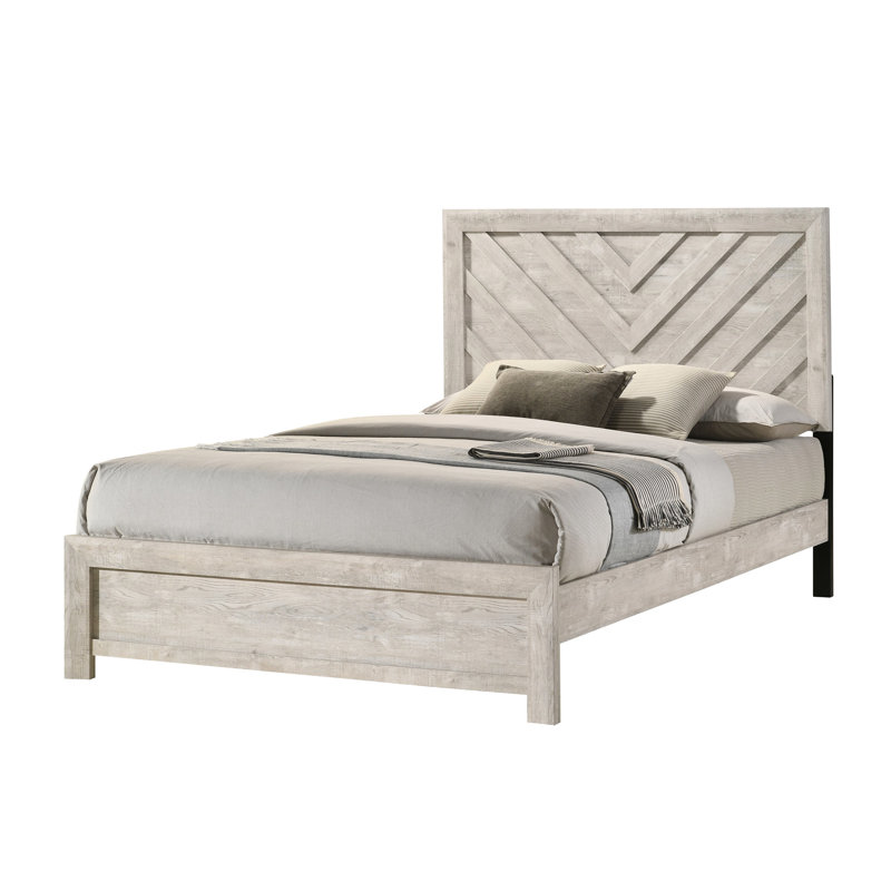 Lit double rustique gris avec motif géométrique beige - Mobilier de chambre à coucher motif contemporain
