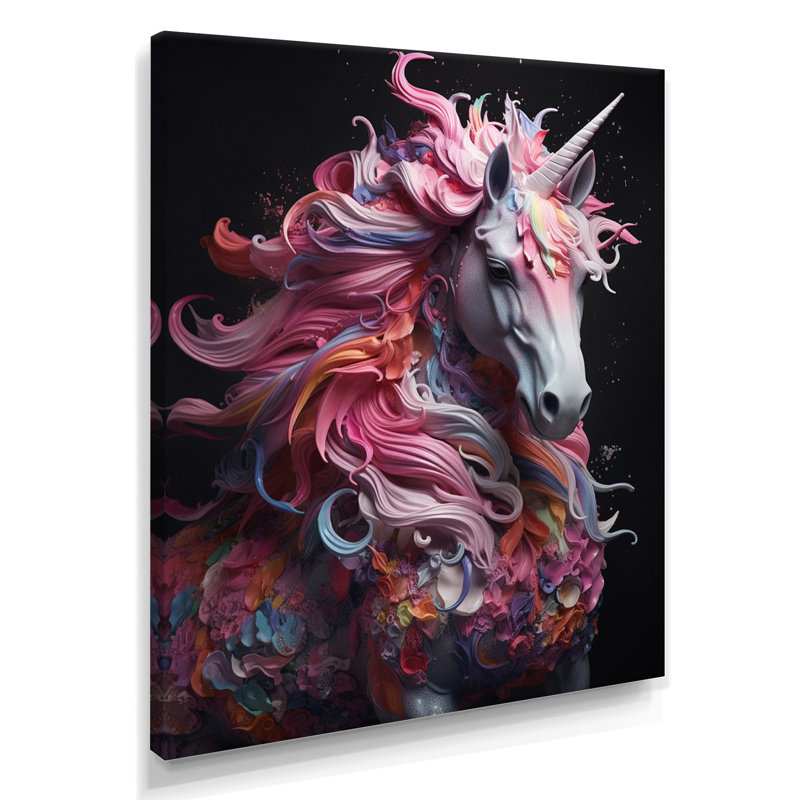 Décoration murale licorne féroce avec crinière rose - licornes, Toile tendue, H 40 po x l 30 po x P 1,5 po