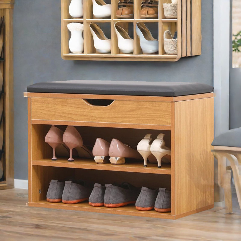 60cm Oak Wooden Shoe Rack Bench with Cushion Shoe Organiser Storage Shelves Lift Top