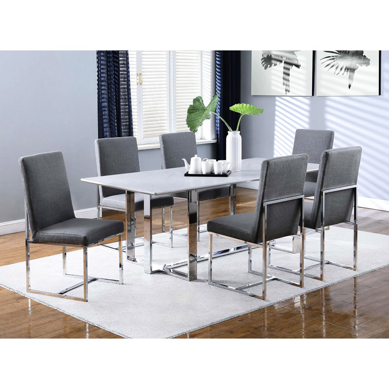 Chaises de salle à manger rembourrées gris moderne (2), haut dossier avec éléments linéaires, convient aux tables en verre / bois, 2 chaises contemporaines à la mode et pratiques, en tissu lisse, design, convient à diverses tables