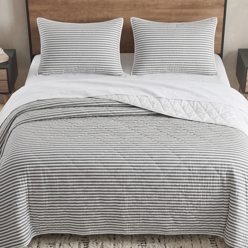 Ensemble de courtepointe rayée 100% coton Wonderful, Queen Quilt + 2 Shams