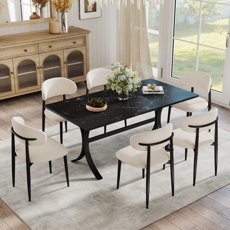 Ensemble de table de salle à manger rectangulaire en bois pour 4 à 6 personnes, table de cuisine rustique et chaise rembourrée en lin pour la salle à manger