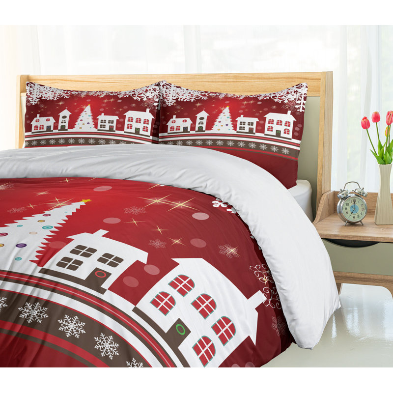 Red and White Christmas Village Microfiber Duvet Cover Set