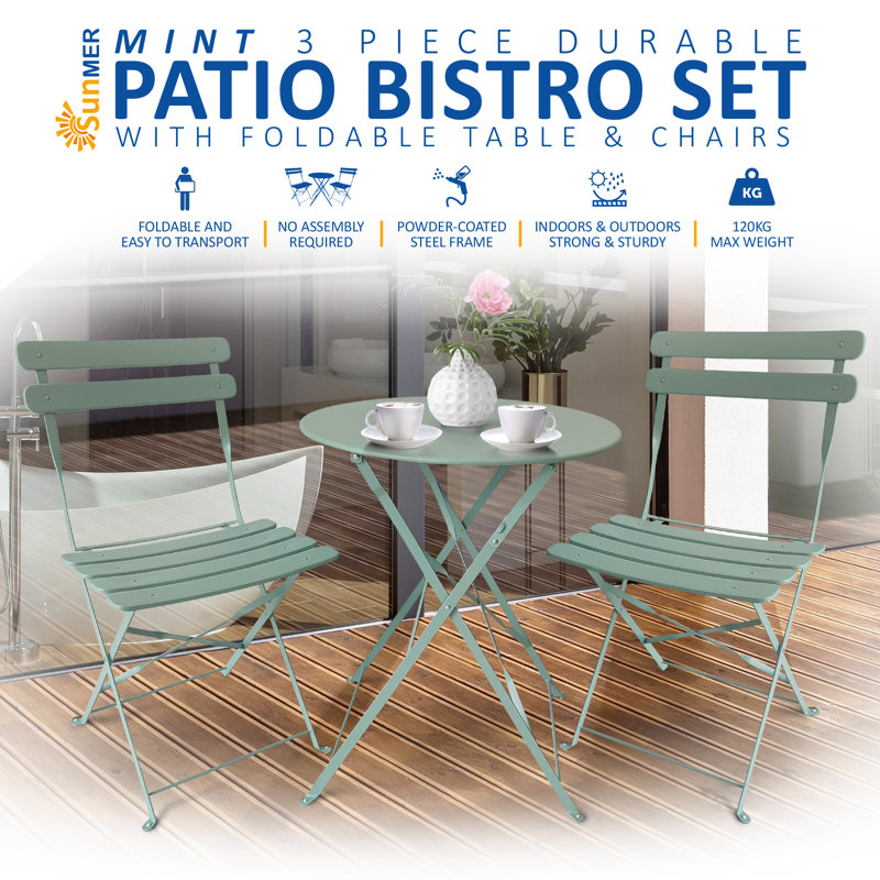 Kashayla 3-Piece Bistro Set with Foldable Table and Chairs, Mint