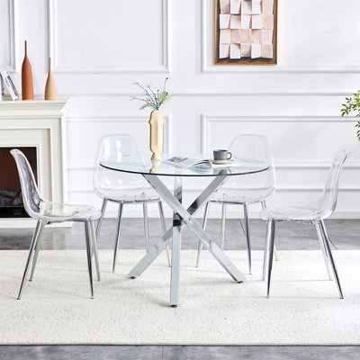 Round Dining Table Set For 4,  Glass Dining Room Table Set, 5-Piece Kitchen Table And Chairs Set, For Living Room, Small Space (Include 4 Acrylic Chai