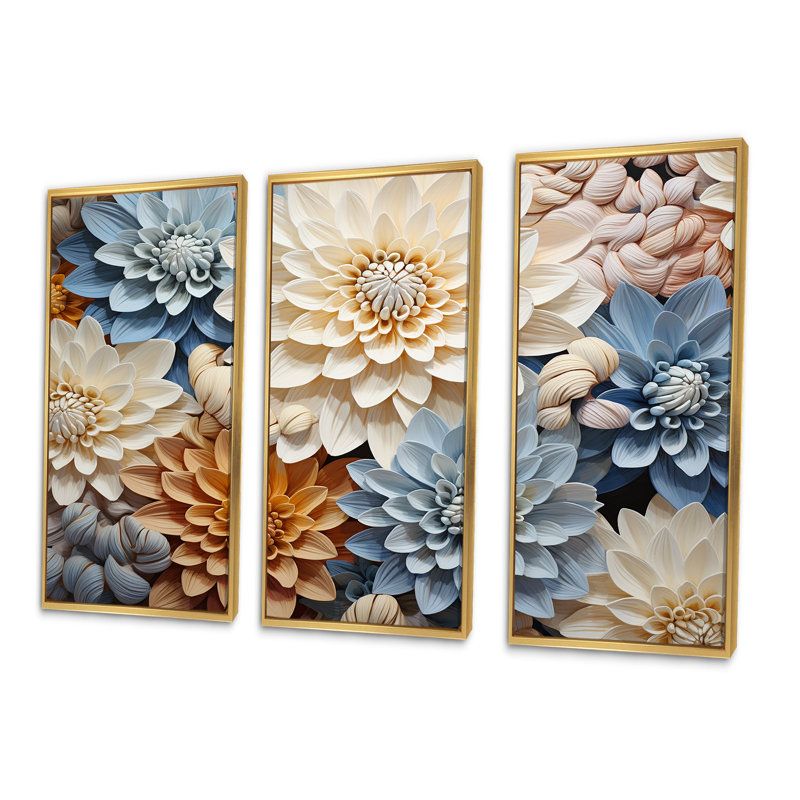 «Simplicity Mums Bloom» en beige et bleu pâle - ensemble d'art sur toile Mums, Cadre flottant doré