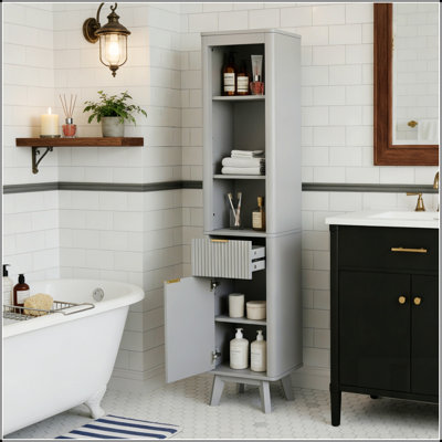 68 Inch Tall Slim Bathroom Storage Cabinet with Adjustable Shelves, Drawer, and Door for Efficient Organization