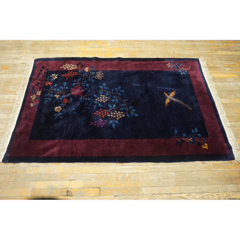 Small Antique Floral Bird Pattern Navy Blue Color Chinese Art Deco Carpet